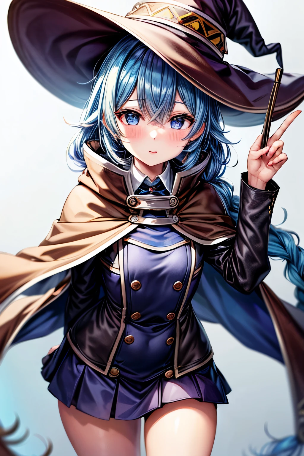 (best quality), (masterpiece), ((beautiful:0.75) cute girl:0.75), [clear and clean] pixiv (illustration), (roxy migurdia:1.25), blue eyes, blue hair, bangs, brown cape, witch hat, braid,  