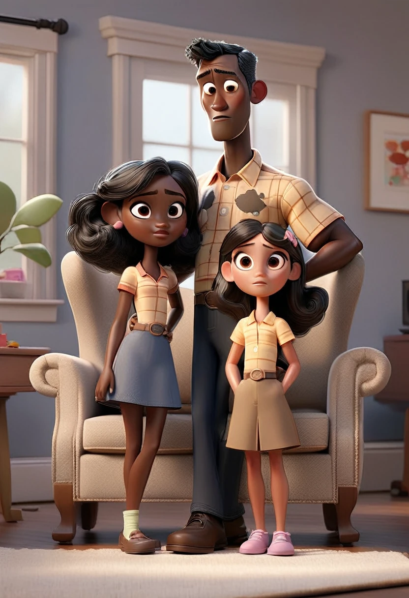 Estilo Pixar, escenario es la sala de una casa con juguetes, a lot moving in the photo only a man and his two small daughters. el hombre que es el padre, who has brown skin, utiliza un traje de oficina, tall, looks 50 years old with straight black hair, dark skin color, en las manos de el padre llevados bolsas de regalos, el se nota muy feliz ,surprising his two daughters, ages 10 and 6, his female daughters, one is taller than the other,They are very happy. They have brown skin and straight black hair. The setting is the living room of a house. They have perfect faces.
