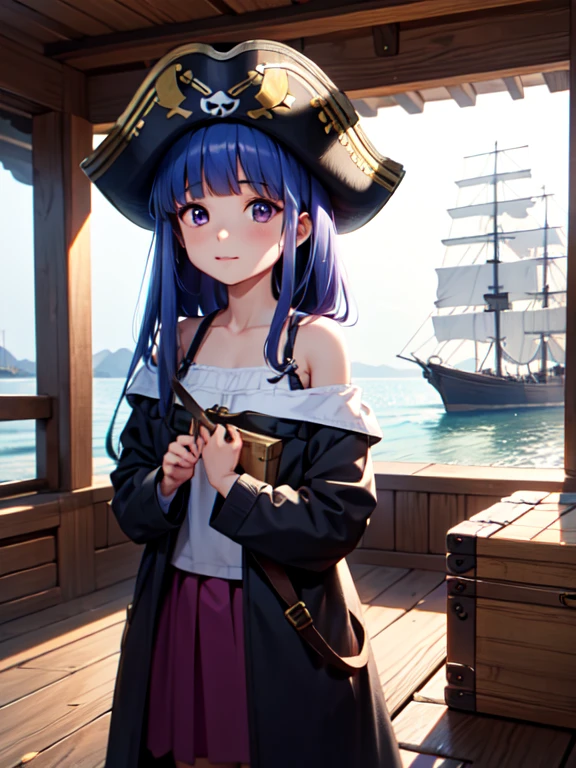 (Eye patch), One Girl, alone, (furude rika), Blue Hair, Purple eyes, Long Hair, blunt bangs, bangs, AnimeChibi, Holding a treasure map、Female pirate planning strategy in the cabin of the ship。Eye patchと皮革の衣装が特徴的で、A treasure chest can be seen behind。A situation filled with tension and adventure。
, pirate, pirate hat, deck, coat, bare shoulder, 