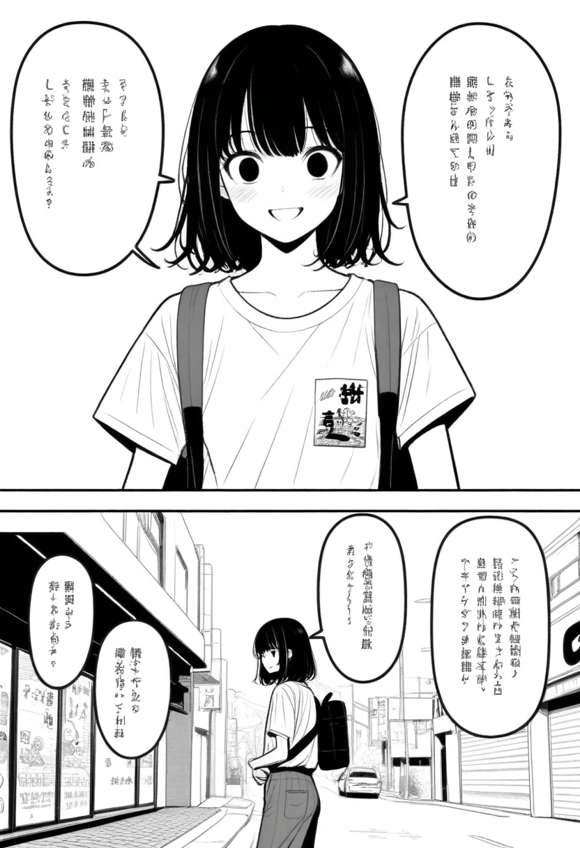 masterpiece, best quality, 1girl, mamerakkkkko, grayscale, style: manga, japanese, chi no wadachi, black eyes, street, iced, black hair, schoolbag, smile, lineart, white background, white shirt, grey shorts,
