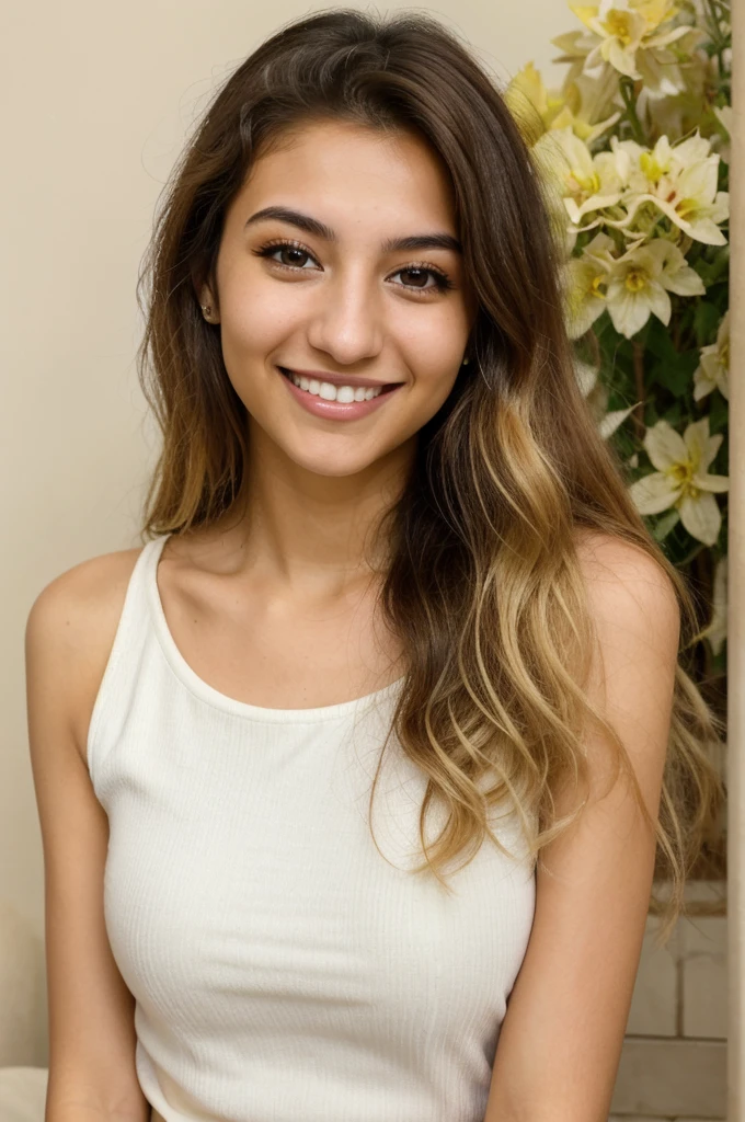 20YO, small nose, one women,attractive, Jordanian, Bright Yellow shirt, cute smile, cute face, white teethes, skinny face, light brown eyes, black/blonde long hair