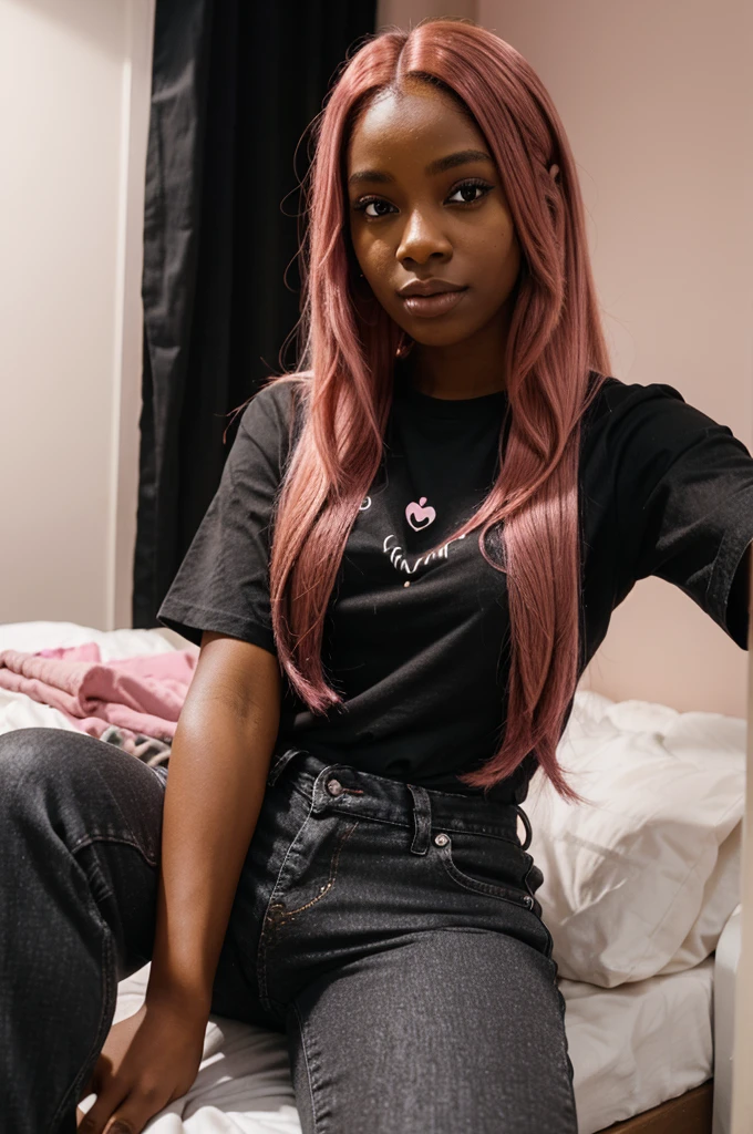 brown skin woman with long pink hair wearing a black tshirt and black jeans at her bedroom, pink hair, brown skin, pink hair, brown skin, black skin, light pink hair, selfie