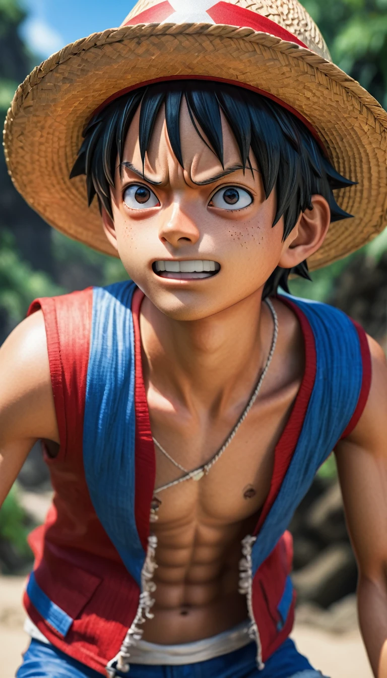 Photorealistic Luffy, One Piece, anime character, straw hat, red vest, blue shorts, black hair, determined expression, lifelike textures, detailed, natural lighting, adventurous, realistic skin tones, cinematic shot, high resolution.