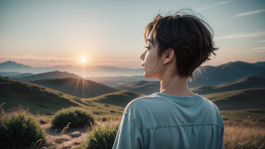 Create an image that combines a nostalgic yet uplifting vibe. The central theme should include a serene landscape with a clear sky and vibrant sunlight, symbolizing hope and positivity. Highlight a silhouette of a person looking over their shoulder, with musical notes floating in the air. Incorporate elements that represent both the classic style of Mike and the Mechanics and the modern uplifting beat, blending these two styles visually.