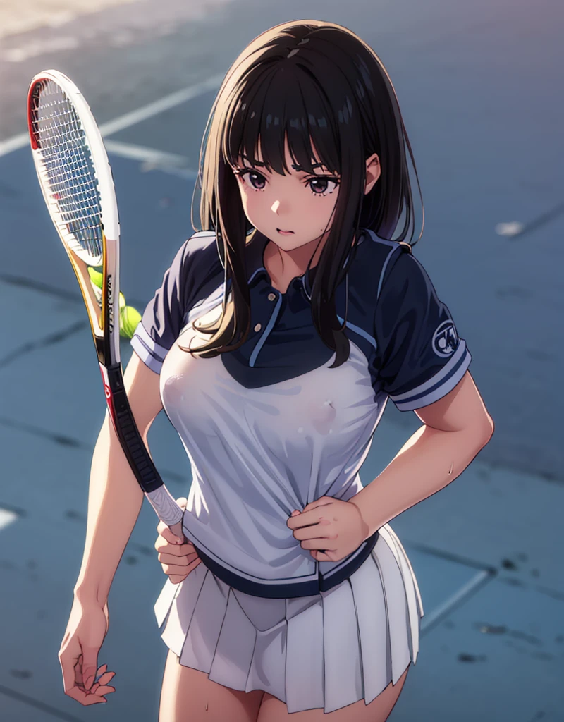 nswf,(wearing ,tennis uniform:1.3),{{{{see through:1.7}}}},{{tennis uniform are wet with water}},{erect nipples:1.5},full body shot,(from below:1.3),bottomless,Top quality, 1 beautiful Japanese woman, ,high school student,(18 years old),medium hair, (Black hair:1.2), Ultra-realistic capture, Highly detailed, High resolution 16k close-up of human skin. Skin texture must be natural, With such detail that pores can be finely identified. Skin should look healthy, In a uniform tone. Use natural light and color,