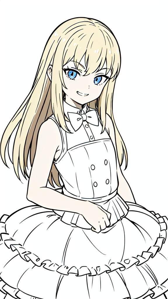 (1girl,8 years old,small),blonde hair,long hair, white dress, sleeveless, bow tie, bare shoulders, evil smile,teeth,(white background,line drawing),pov,((punch)),closed hand
