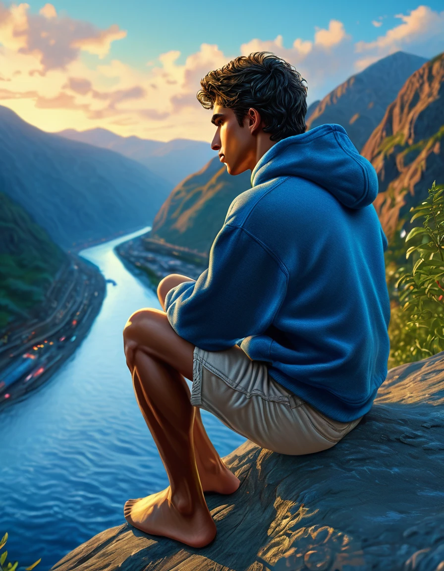 ((1 man full body wearing blue hoody, watching the sunrice, blue hour blue jeans, barefoot sitting,)) (view from behind )), in henry scott tuke and Peter Paul Rubens art style, ultra detailed, ultra realistic, ambient lighting, becoming the subject composition, soft neutral colors, perfect components layout, perfect detailed feet, divine proportions, wide angle, fullbody, in henry scott tuke art style, ultradetailed, ultrarealistic, 8k resolution, HD, a  man, hairy, slighly hairy body, slender, detailed eyes, detailed feet, detailed nose, detailed lips, detailed chin, detailed ears, detailed muscles, blue eyes, shirtless, barefoot, handsome, masculine, detailed feet, detailed hands, gorgeous, , perefect anatomy, skinny detailed muscles man view from behind, a 15 years oldman is siting by the river watching the sun rice wearing blue hoody, blue jeans, barefoot in the background, river, mountains, sun, clouds natural lighting, , high quality masterful still-life painting, oil painting, vibrant rich colors, atmospheric perspective, depth, illustration, intricate details, ultra high resolution, sharp details, sharp focus, 8k resolution Miki Asai Macro photography, fullbody, hyper detailed, trending on artstation, sharp focus, studio photo, intricate details, highly detailed, by greg rutkowski ,GO_pokemon,
