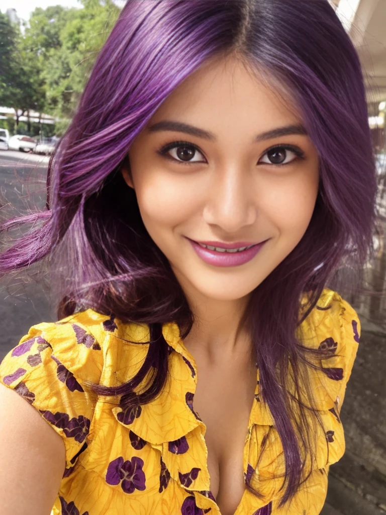 24 years old Malaysian girl, dark brown eyes:1.4, thin nose:1.4, thin lips:1.3, slanted eyes:1.6, double eyelids:1.2,(multi layered dark purple hair:1.5), fundamental breast, rectangle body:1.4, cowboy shots, random pose, outdoor, halfbody shots, visible cleavage , Random location , smiling , wear yellow-red floral clothes