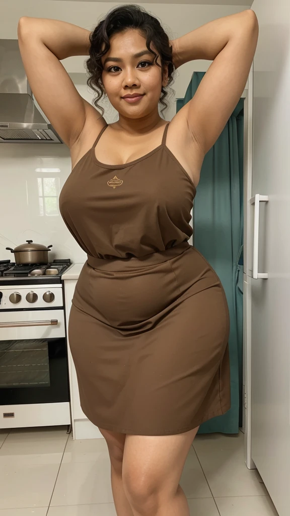A full body photo of: Big fatty armpit, wide armpit, fleshy armpit, thick armpit,chubby armpit, stocky armpit, Malay maid, 50 years old female maid, chubby wide body, tan skin, curly bun hair, real, perfect eyes, malay loose dress, multicolor dress patern,at kitchen