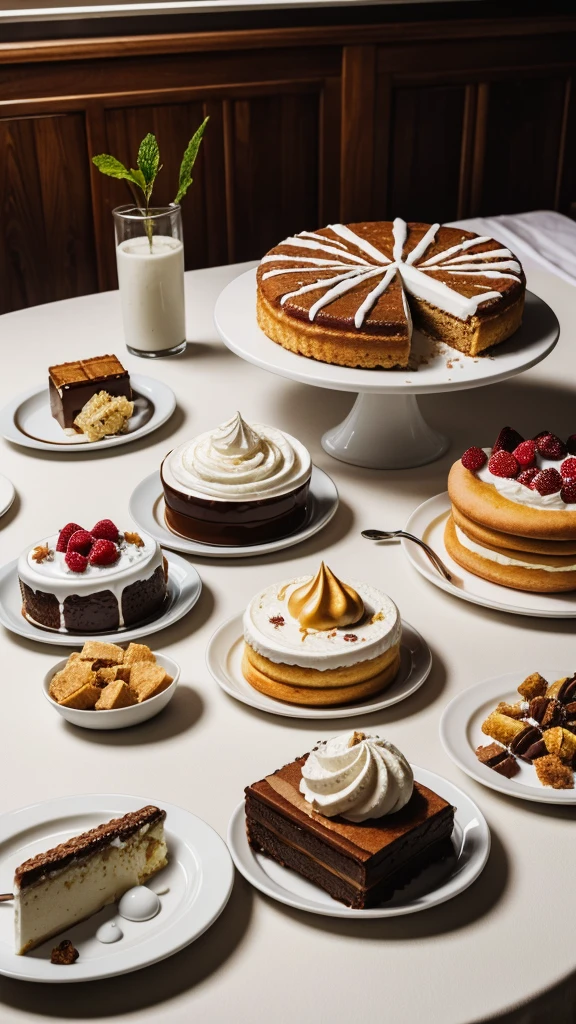 ultra realistic image of a white table with various delicious desserts on the table