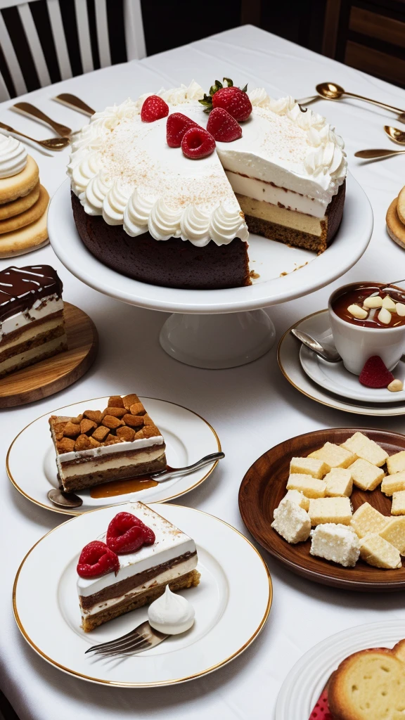 ultra realistic image of a white table with various delicious desserts on the table