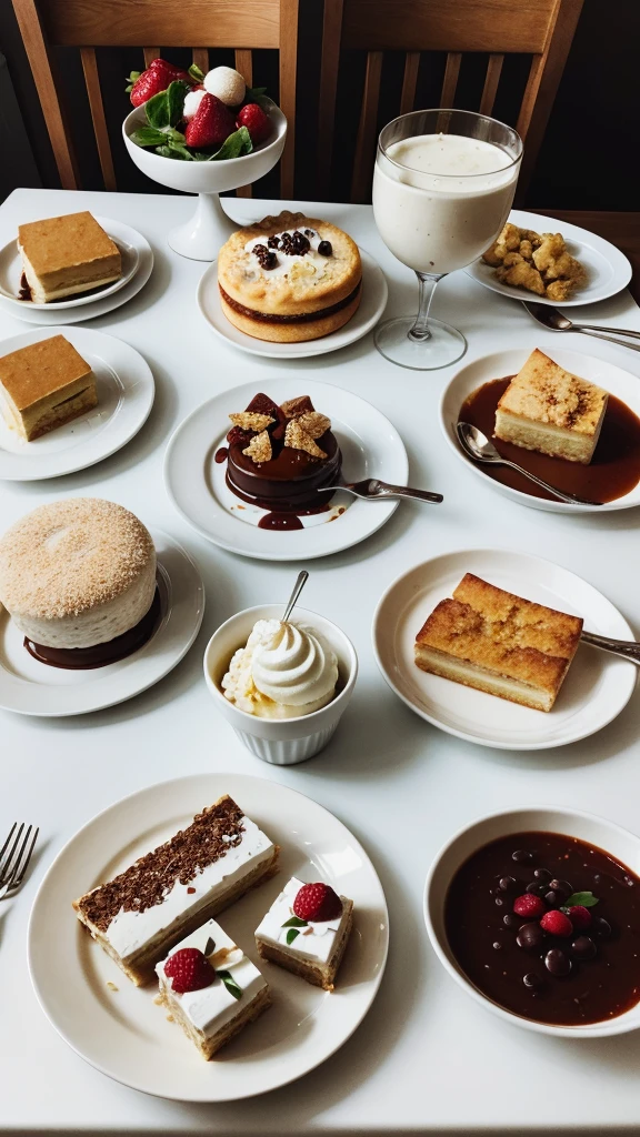 ultra realistic image of a white table with various delicious desserts on the table