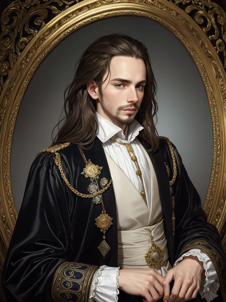 Christopher Marlowe's portrait, young, white skin, piercing blue eyes, golden-brown locks, combed back, refined features, sharp jawline, clean shaved, dignified posture, Elizabethan black velvet jacket, golden ornament, white laces, bare white neck, Mucha style, Mucha background, realistic, portrait