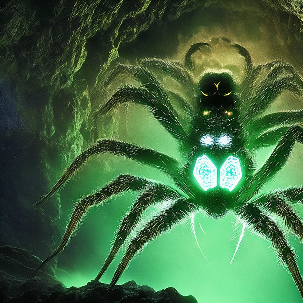 Spider, Glowing crystals on the back, horror, scary, hairy paws, Dark, In a cave.