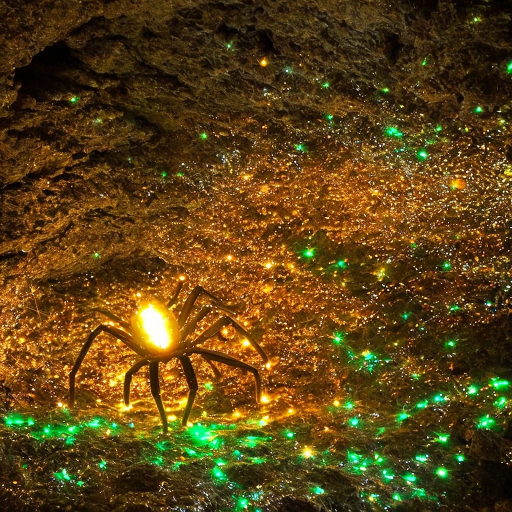 Spider, Glowing crystals on the back, horror, scary, hairy paws, Dark, In a cave.