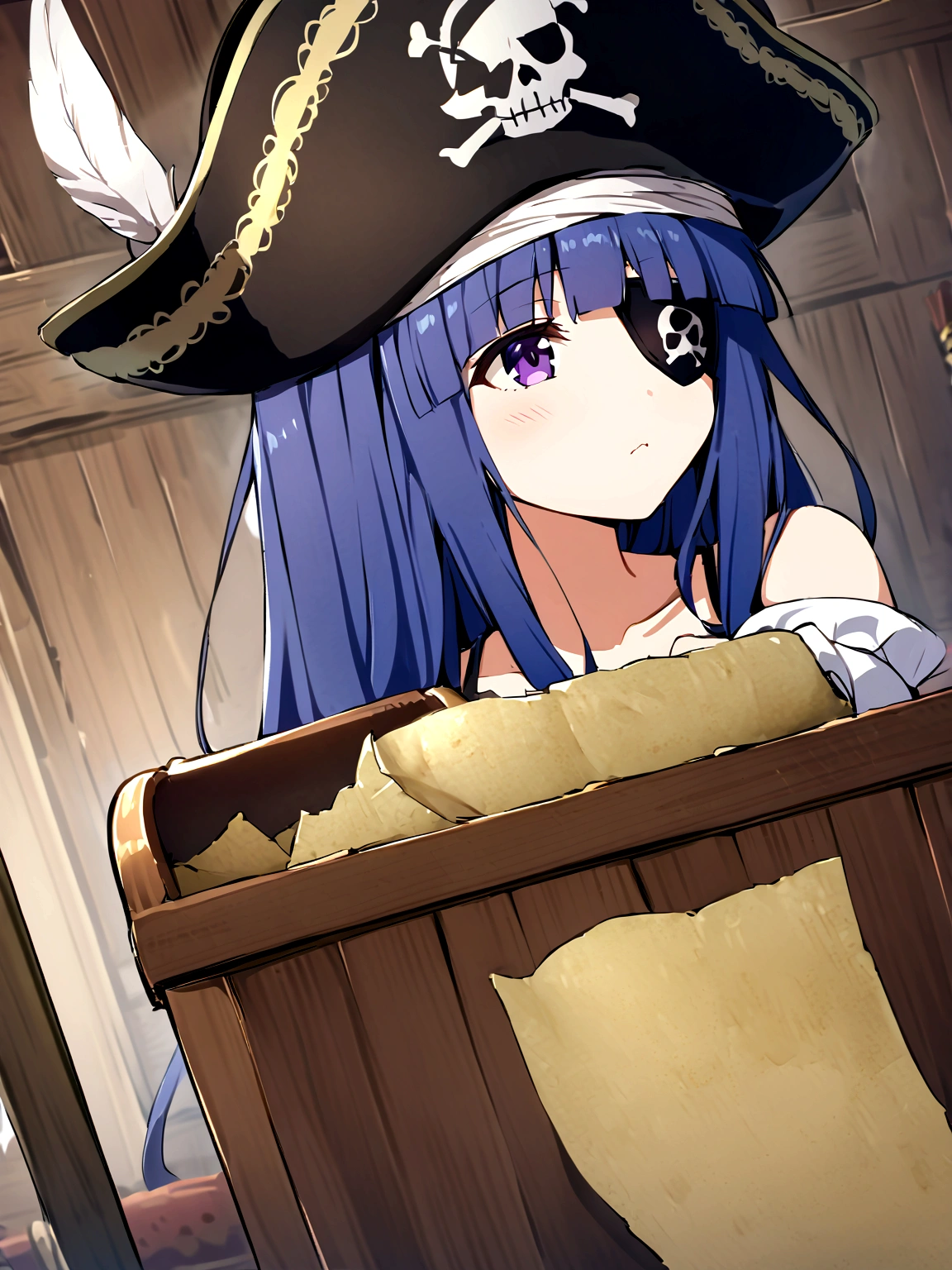 (Eye patch), One Girl, alone, (furude rika), Blue Hair, Purple eyes, Long Hair, blunt bangs, bangs, Holding a treasure map、Female pirate planning strategy in the cabin of the ship。Eye patchと皮革の衣装が特徴的で、A treasure chest can be seen behind。A situation filled with tension and adventure。 , pirate, pirate hat, deck, coat, bare shoulder,