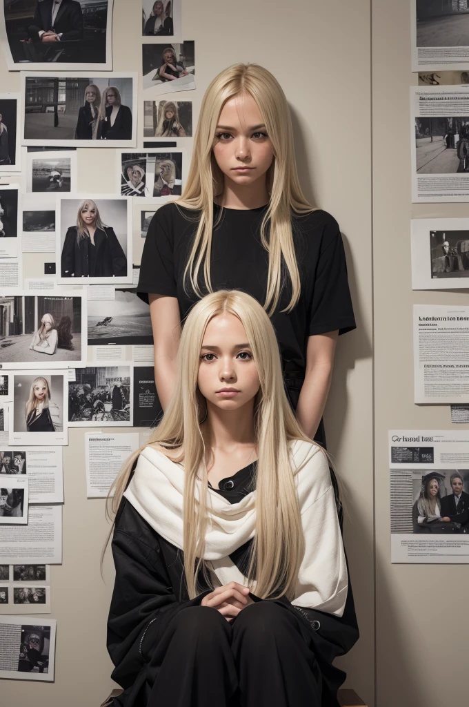 a woman with long, blonde hair sitting in front of a wall containing photos and newspaper clippings interconnected to form evidence of a crime. 