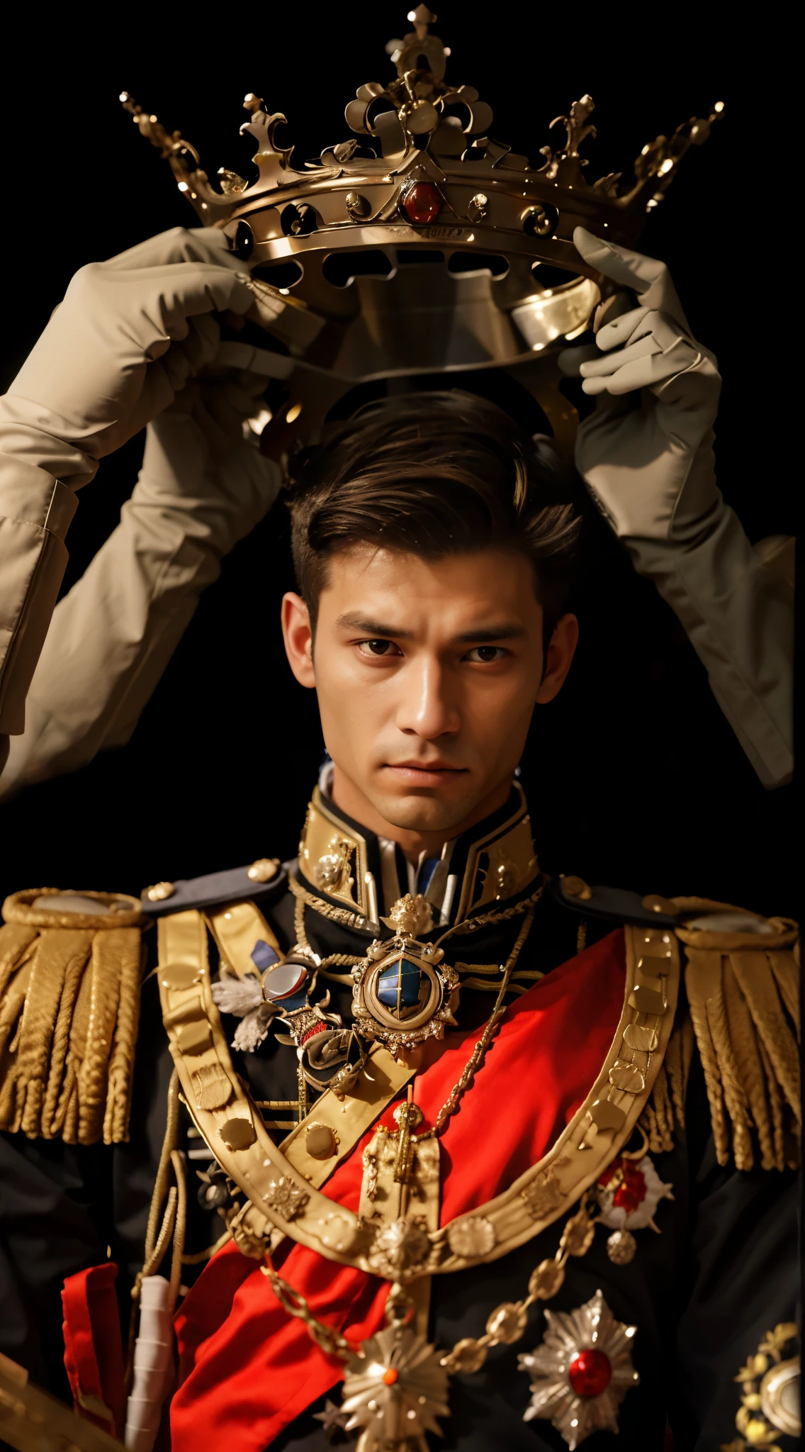 blurred image of a man in uniform holding a crown over his head, rei, malaio