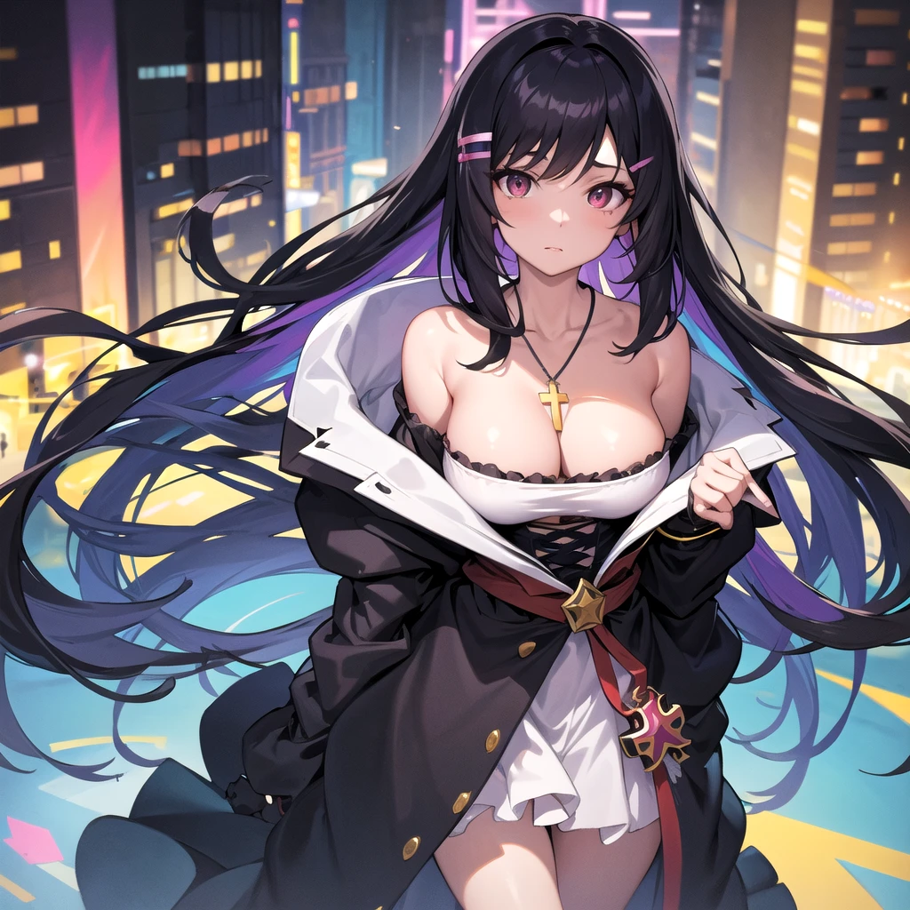 illustration, best quality, ultra-detailed, ,Chica presiosa, amorosa y radiante, more prism, vibrant color, ,an anime girl with long dark hair and a cross necklace in a big city, breasts, long hair, looking at viewer, black hair, hair ornament, bare shoulders, collarbone, upper body, 1girl, cleavage, off shoulder, jacket, open clothes, halterneck, solo, hairclip,