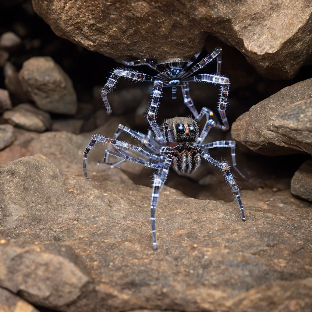 Spider, Glowing crystals on the back, horror, scary, hairy paws, Dark, In a cave.