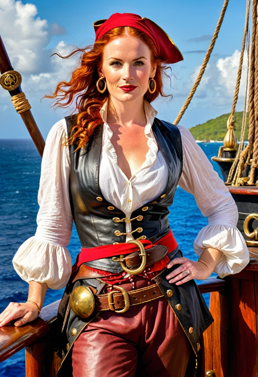 Female 17th century pirate, pirate captain, mid 30s woman, smirking, wavy shoulder length vivid red hair, red bandanna, large gold hoop earrings, puffy long sleeved white shirt, brown leather vest, belt, large square belt buckle, long brown pantaloons, worn leather boots, period dress, dirty clothes, holding a cutlass, dramatic pose, on deck aboard a pirate ship, caribbean island, painterly illustration, best quality, 8k, masterpiece, bright vivid colours, colourful