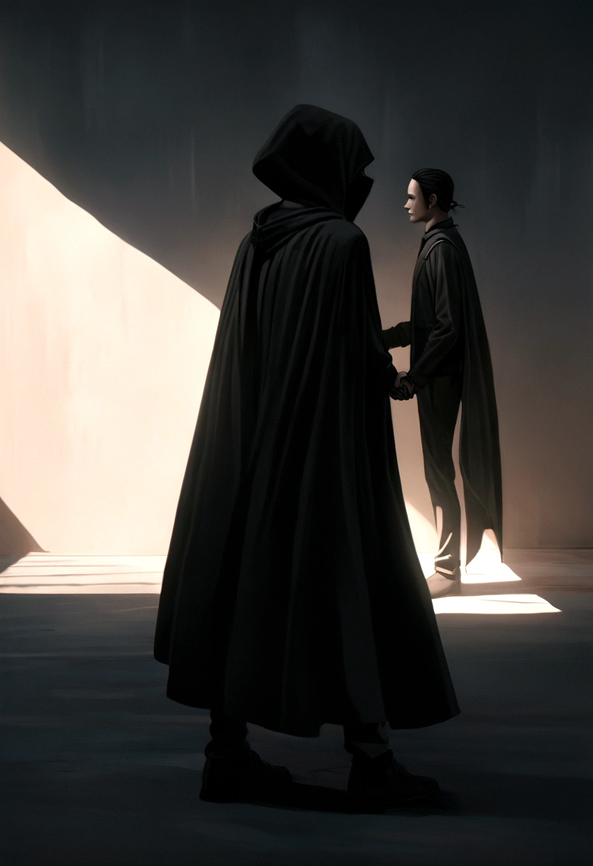 "Two characters meet: A thin man with short black hair, wearing a long cape and a black mask. Beside him stands another thin man in a black hoodie with the hood over his head. They shake hands, side view. Both are minimalist characters, in 8k resolution, photorealistic style, cinematic lighting, with a melancholic atmosphere, dramatic shadows, and a muted color palette."