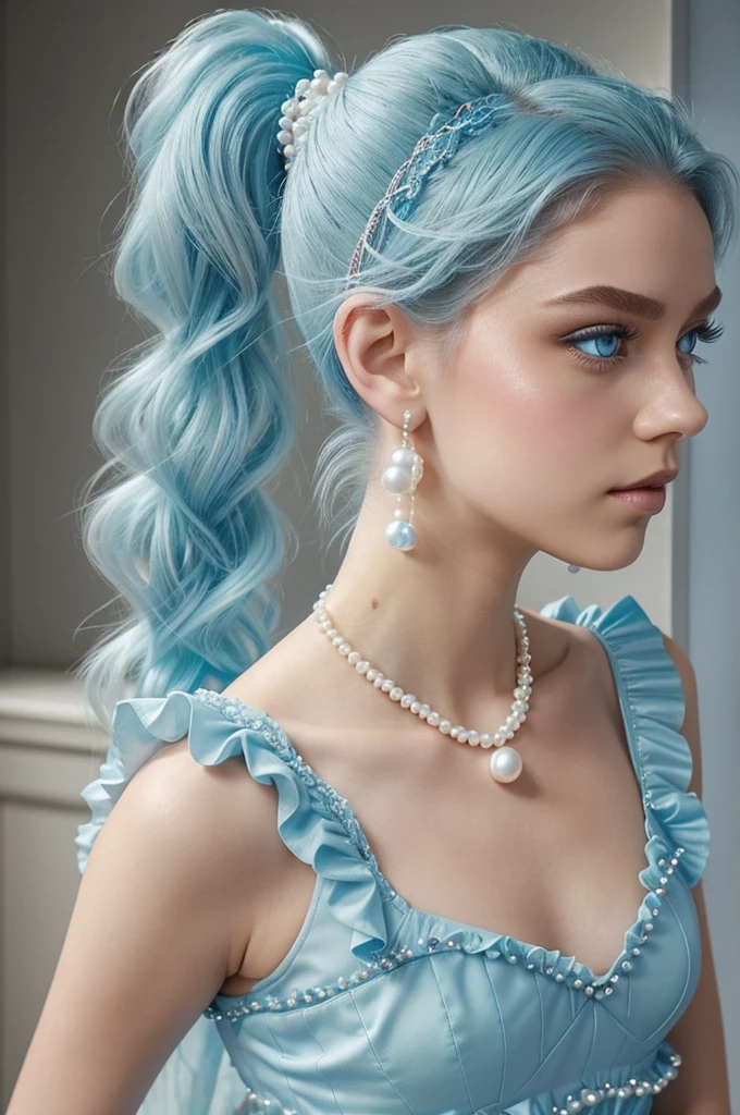 short pale blue fluffy hair with long low thin ponytail with pearl ponytail holder. She has scales on her neck and scattered on her body, they look like mermaid scales. She wears long gloves and a pretty frilly short dress with a blue gemmed necklace. She has red eyeshadow and pearl colored eyes.