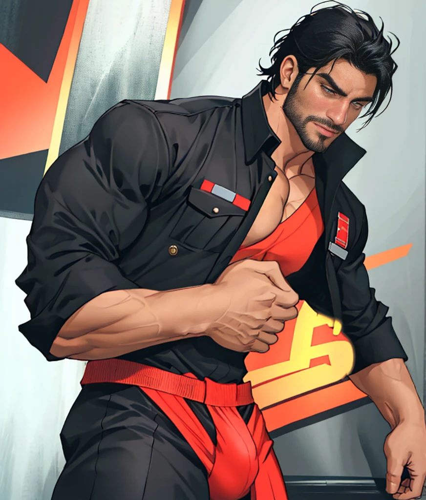 One man, Ruggedly handsome older man DILF, with black hair, wearing dark suit. Dominant, Confident, bdsm, portrait shot, big bulge, (dynamic pose:1.1)