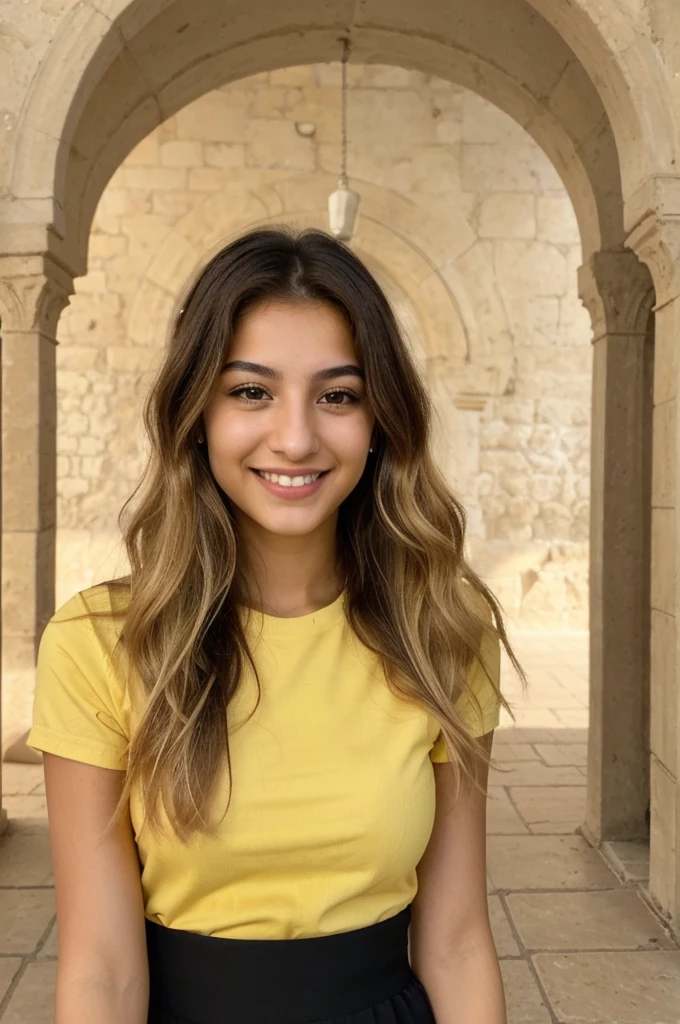 20YO, small nose, one women,attractive, Jordanian, Bright Yellow shirt, cute smile, cute face, white teethes, skinny face, light brown eyes, black/blonde long hair
