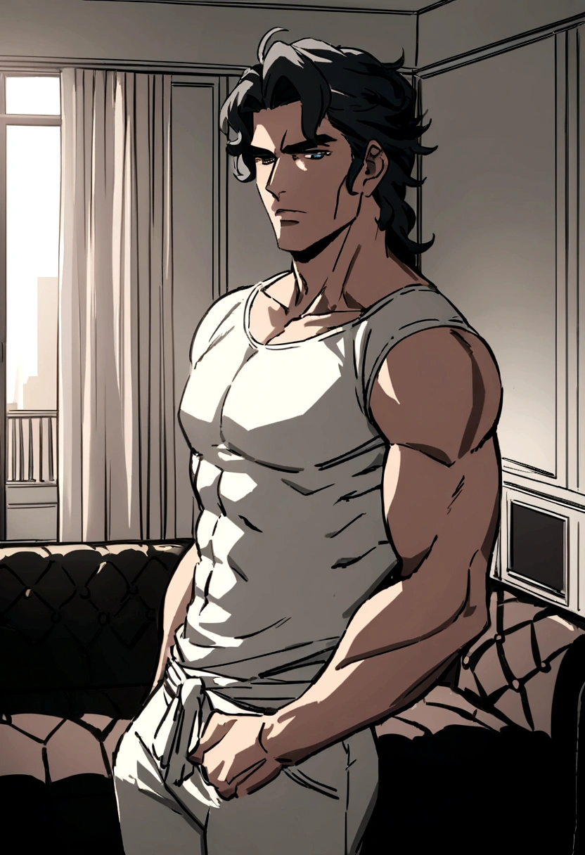 Homem de costas sem blusa musculoso, seus cabelos devem ser loiro muito claro dourado, bem curto. The setting is in a luxury apartment.