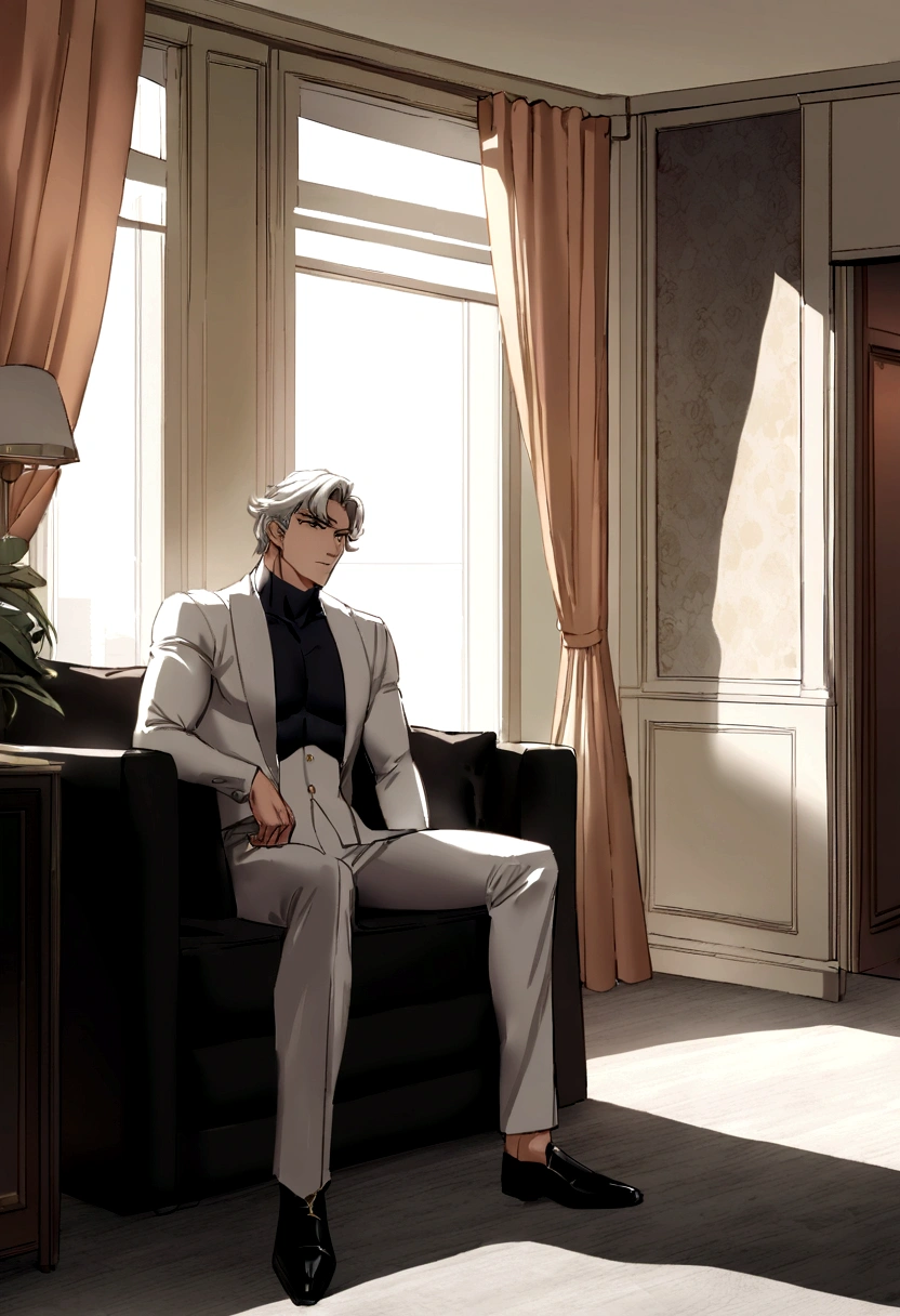 Homem de costas sem blusa musculoso, seus cabelos devem ser loiro muito claro dourado, bem curto. The setting is in a luxury apartment.