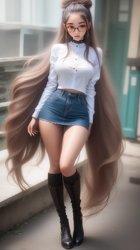 (Solo), 1girl, hair bun, glasses, , brown jacket, ribbon choker, white shirt, mini skirt, (over the knee socks), (long lace up boots), gigantic breasts, big ass, wide hips, milf body, beautiful eyes, perfect face, better eyes, better hands, better fingers, ,shiraki meiko, ((((best masterpiece)))), ((((ultra detailed)))), high quality, best quality, ((((32K)))), sharp focus, (high-resolution picture), Hand perfect, ,more_details:-1, more_details:0, more_details:0.5, more_details:1, more_details:1.5,meikodef/meikornd