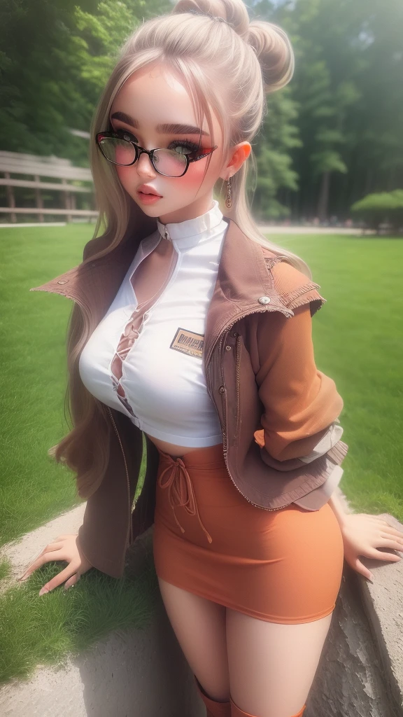 (Solo), 1girl, hair bun, glasses, , brown jacket, ribbon choker, white shirt, mini skirt, (over the knee socks), (long lace up boots), gigantic breasts, big ass, wide hips, milf body, beautiful eyes, perfect face, better eyes, better hands, better fingers, ,shiraki meiko, ((((best masterpiece)))), ((((ultra detailed)))), high quality, best quality, ((((32K)))), sharp focus, (high-resolution picture), Hand perfect, ,more_details:-1, more_details:0, more_details:0.5, more_details:1, more_details:1.5,meikodef/meikornd