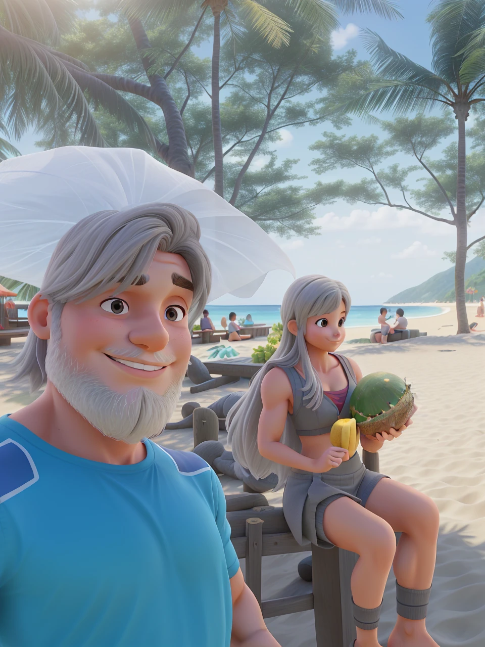 Husband and wife with defined muscles, he with short gray hair, she with straight hair, holding a coconut, posing for a background on a beautiful beach, on a beautiful sunny day