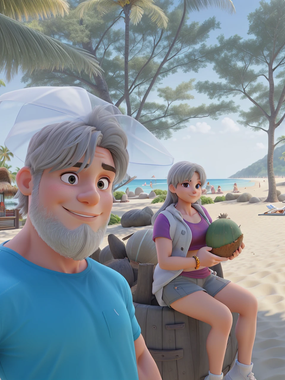 Husband and wife with defined muscles, he with short gray hair, she with straight hair, holding a coconut, posing for a background on a beautiful beach, on a beautiful sunny day