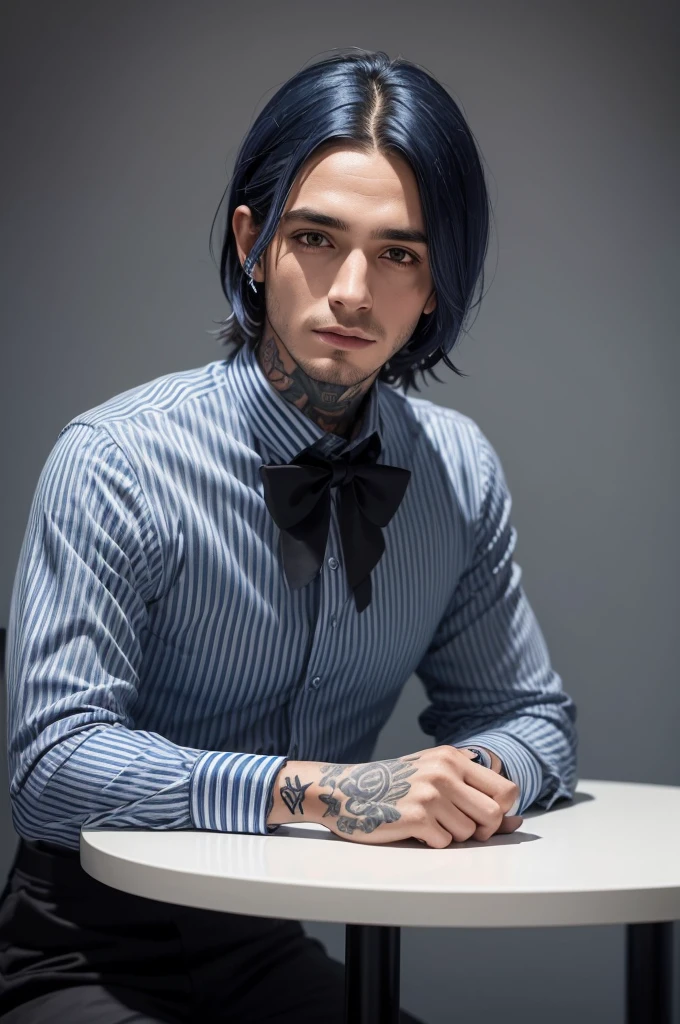 Crie para mim uma imagem de uma personagem estranho de cabelo azul, with tattoos and pircergs wearing a striped long-sleeved collared blouse with a black bow tie he is sitting at a table with a dimly lit gray background 