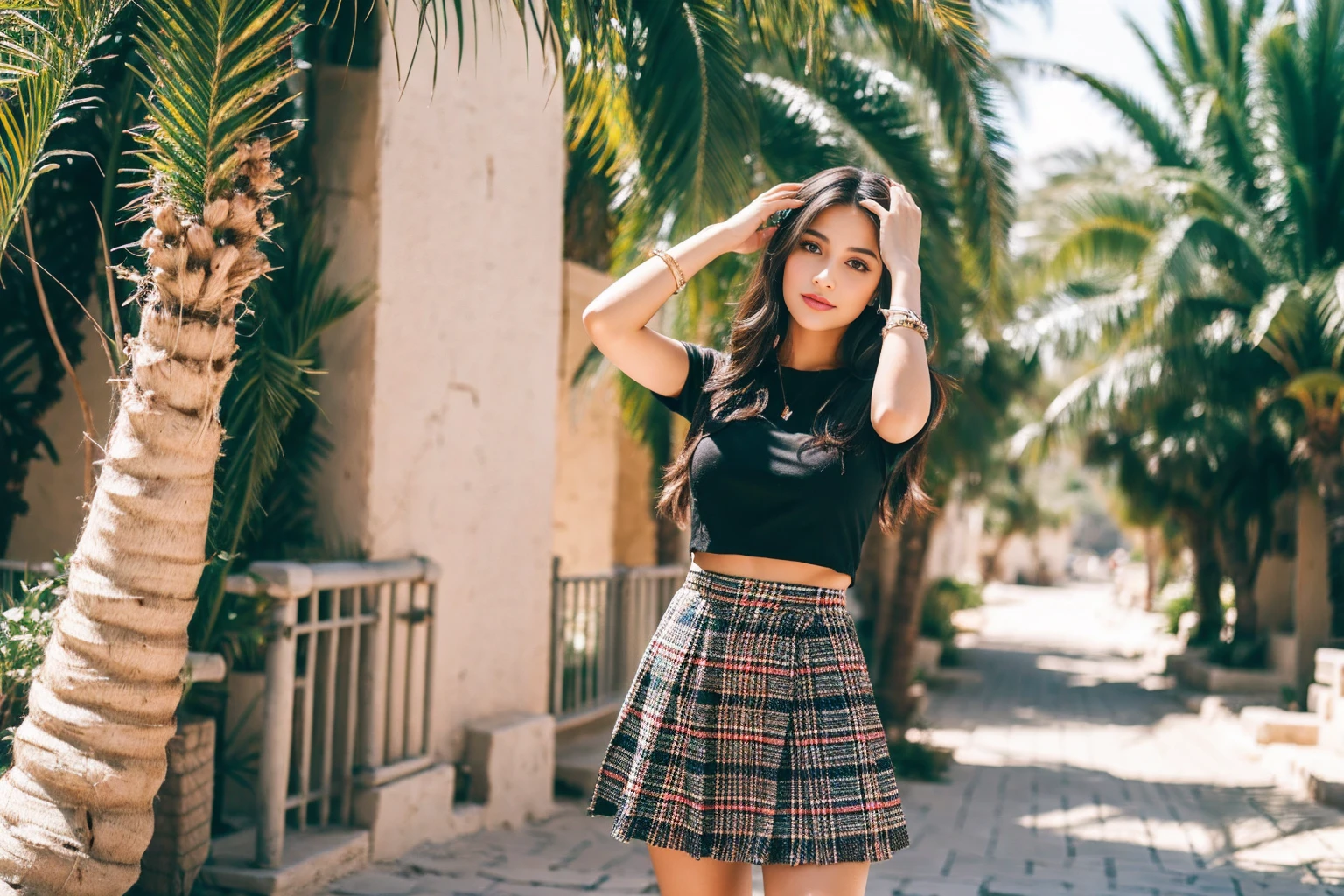 Greek beautisameul young 18 year old GIRL WITH A MODEL APPEARANCE, symmetrical eyes,draw up,jewelry,with long dark hair,IN A RED AND BLACK CHECKED MINI SKIRT,in a short skirt,ABOVE KNEE SKIRT,in Egypt,palm trees,Sunny,Детализация коsameи,same/48 mm ,sosamet light,high quality,8 k