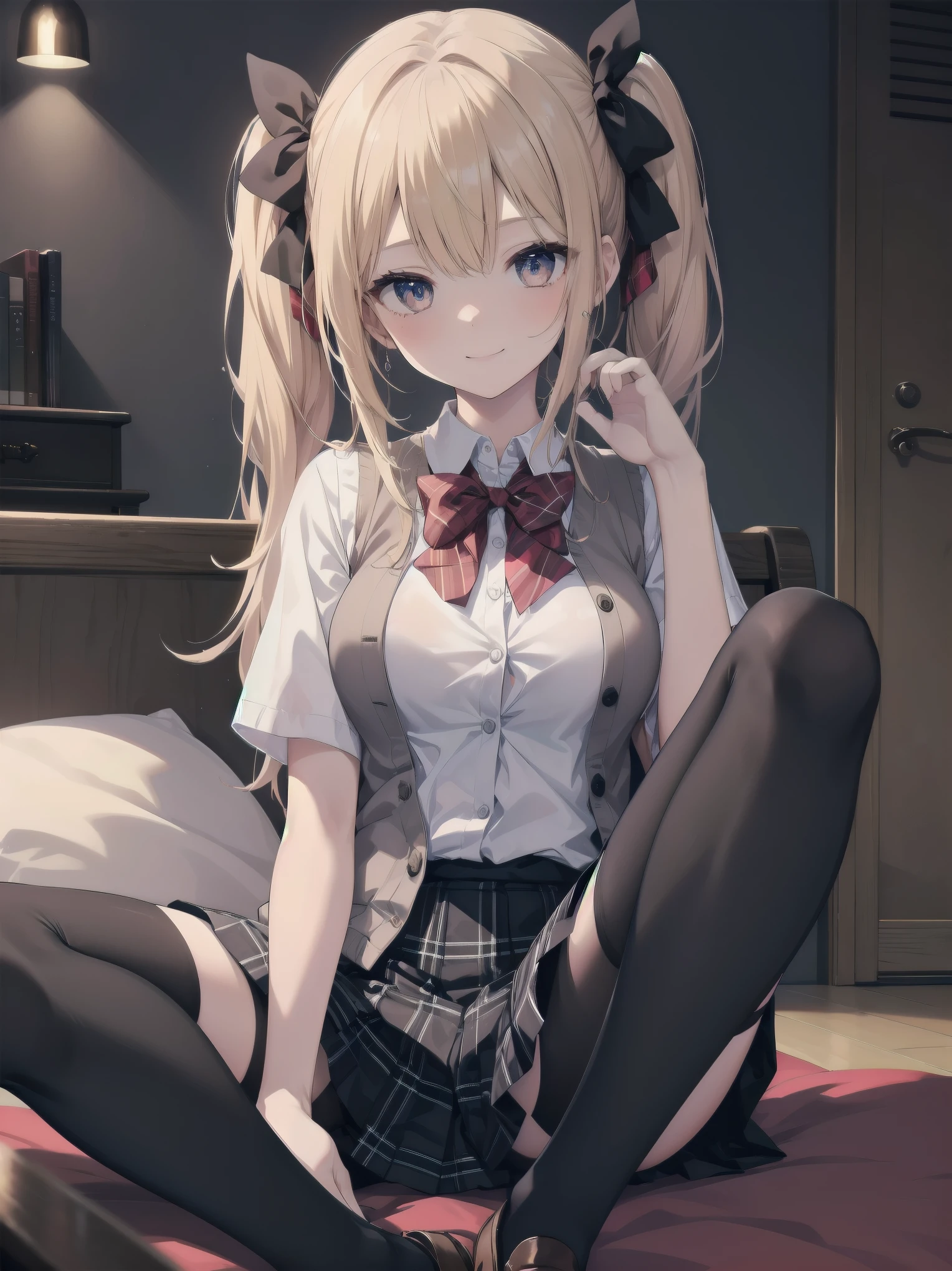 absurdres, absolutely resolution, incredibly absurdres, highres, ultra detailed, official art, unity 8k wallpaper,
BREAK
1 girl, soro, twintails, bow, cardigan vest, short sleeve shirt, plaid skirt, over black legwear, loafers, smile, Sexual girl, seducing men, colourful, bewitching eyes,