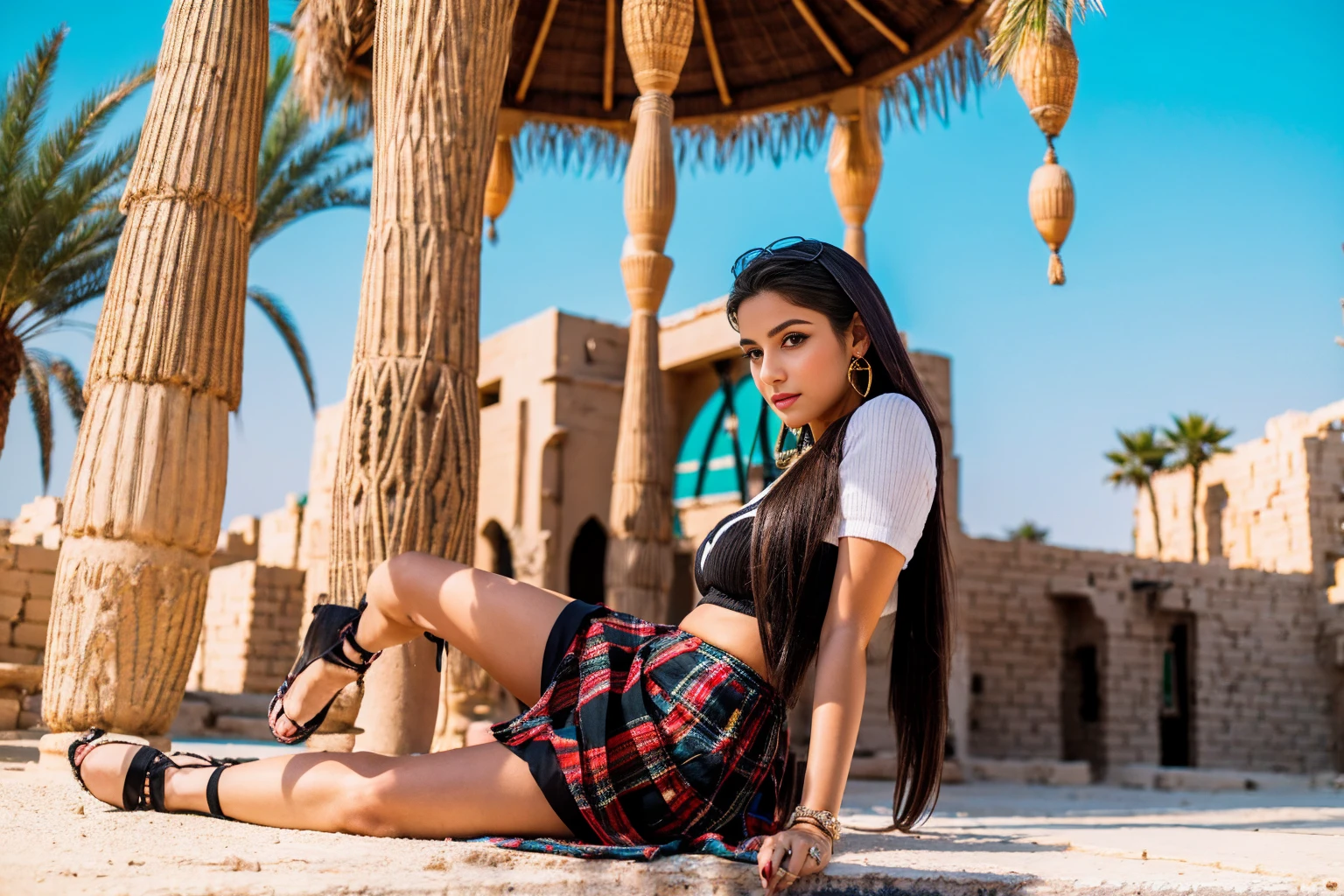 Greek beautisameul young 18 year old GIRL WITH A MODEL APPEARANCE, symmetrical eyes,draw up,jewelry,with long dark hair,IN A RED AND BLACK CHECKED MINI SKIRT,in a short skirt,ABOVE KNEE SKIRT,in Egypt,palm trees,Sunny,Детализация коsameи,same/48 mm ,sosamet light,high quality,8 k