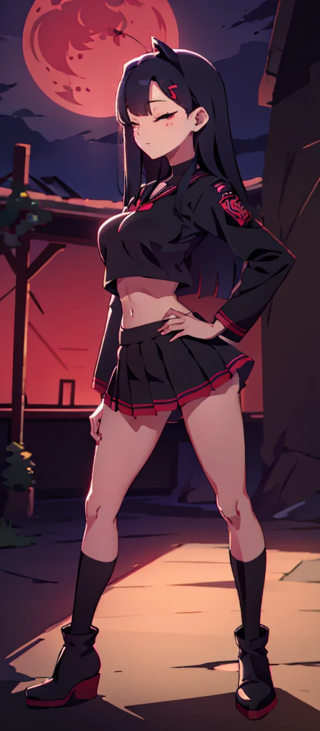 03:47:34 masterpieces, best quality, high resolution, 1 woman, Ichika , long straight black hair , Close your eyes..... , smile , sailor shirt , short skirt , underwear , boots, Long legs , Stand with your legs spread apart... , full body , sly face , abdomen , big breasts , stand on your hips..., slope , at night , red moon
