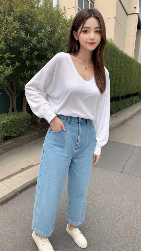 ((Highest quality, 8k, masterpiece:1.3)), concentrate:1.2, Beautiful woman with perfect figure:1.4, Stick your butt out:1.2, ((Beautiful long hair)),(Long white legs:1.3) ,(1.4) , (sports car, street: 1.2), Highly detailed face and skin texture, fine grain, double eyelid,Skin whitening,(Straight Big Tits:1.3),smile,Put on a necklace,gyuru、The trend is to wear an oversized shirt tucked into wide pants.。The shirt is a light pastel color..、The trendy striped pattern is popular。Wear casual shoes such as simple sneakers or loafers。