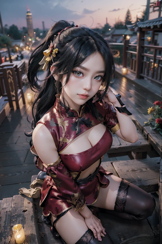 (RAW photo, best quality), (realistic, photo-realistic:1.3), best quality, highly detailed, masterpiece, ultra-detailed, illustration, Cute girl with short black hair, (ponytail), (city roof at night background), low light , green eyes , dark eyeliner, innocent smile, gorgeous face , super cute, 18 years old , young looking, hyper detailed face, dark eyeliner, (medium breast), (thin waist), (bare shoulders, (bare hips), red silk mini dress with yellow flower decoration and vivid patterns, qipao, deep black leather thigh high boots, red silk long sleeve gloves with yellow flower decorations