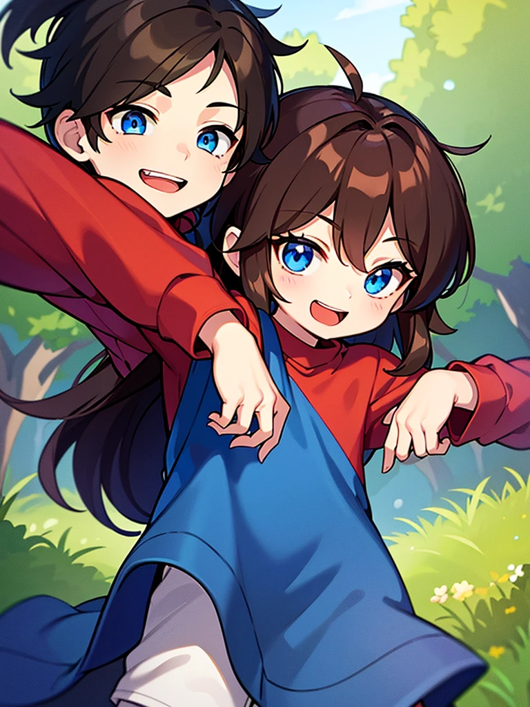 A happy little boy with blue eyes and long brown hair, He has a red shirt and black pants, mirando al espectador en un bosque, tocando su cabello