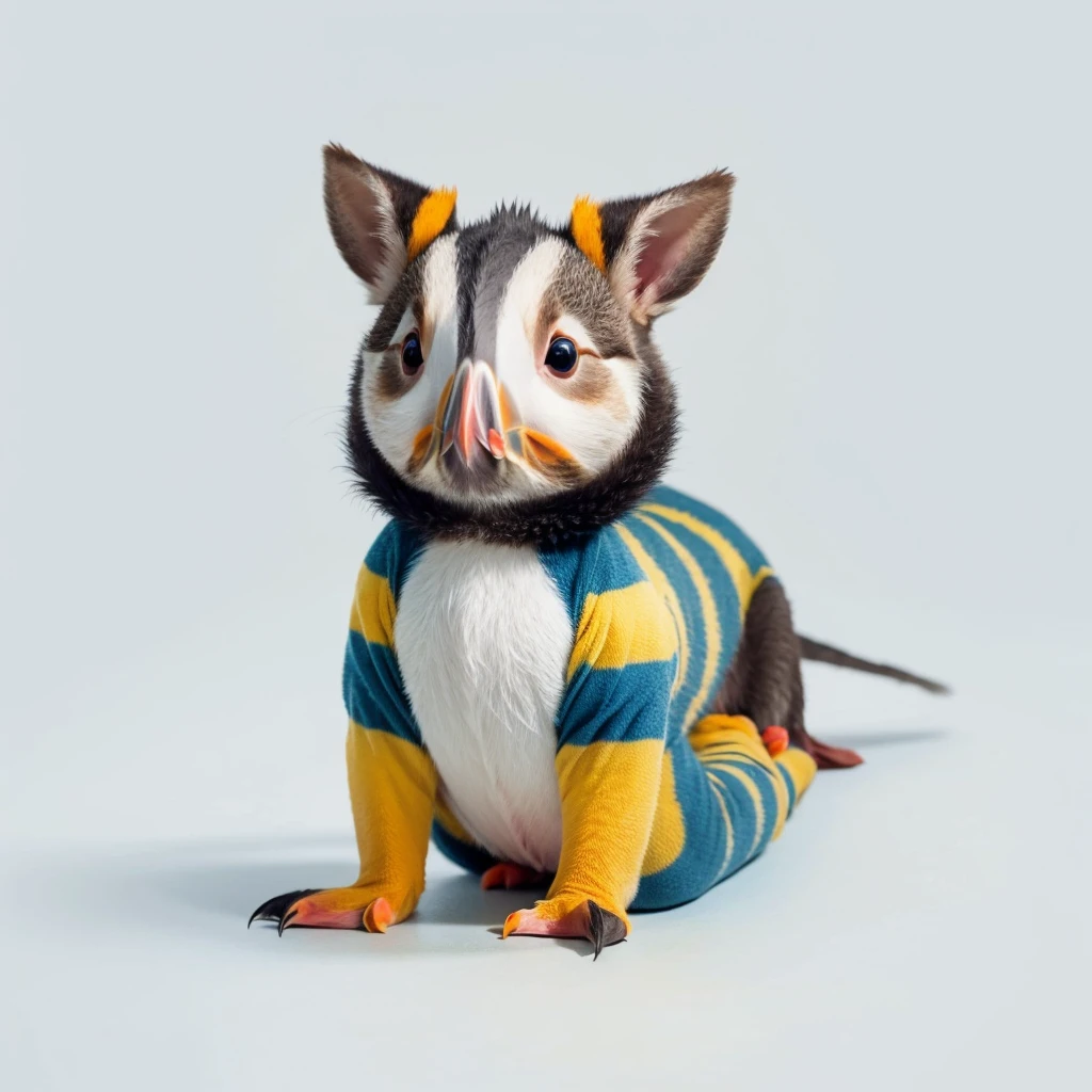 Small Animals, baby kangaroo mixed with House lizard, has yellow and blue stripes on its body, Grassroots, no background, (has beard), ((Puffin mouth))