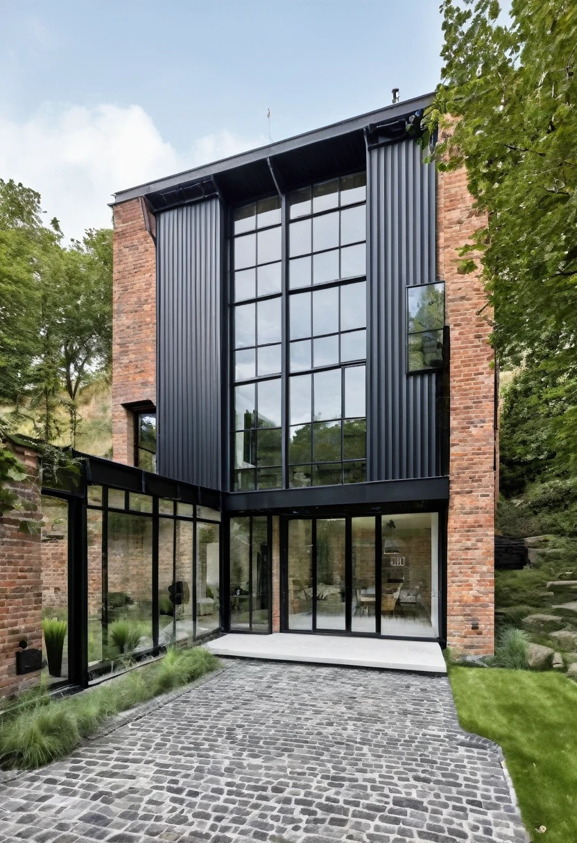 
imagine an industrial house with different levels, with a glass wall divided by a massive black iron structure, a wall with English bricks, a black roof with a slope on the left side, grass in front, a stone floor up to the black main entrance door. Houses next door, Olmo trees at the entrance to the house