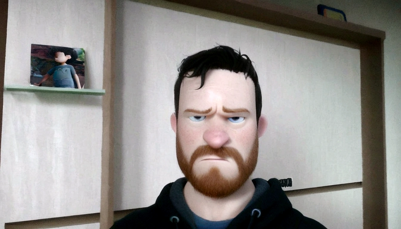 Homem branco com cabelo preto e barba ruiva, com casaco preto Caractere estilizado, animation style rendering, 3D estilizado, Arnold Maya rendering, Stylized 3D rendering, toon render screenshot, Personagem 3D, Personagem 3D, Stylized 3D rendering, 3D character rendering, personagem de desenho animado, Personagem de close up, Pose de personagem, (Estilo Pixar) (parte mestre:1.2) (bokeh) (melhor qualidade) (pele detalhada) (textura detalhada) (8K) (argila) (cinematic lighting) (sharp focus,Senta e vaza a parte superior do corpo