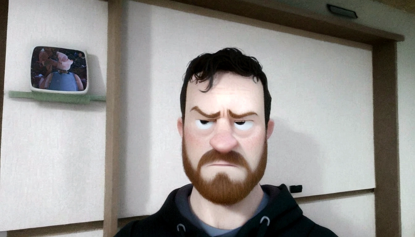 Homem branco com cabelo preto e barba ruiva, com casaco preto Caractere estilizado, animation style rendering, 3D estilizado, Arnold Maya rendering, Stylized 3D rendering, toon render screenshot, Personagem 3D, Personagem 3D, Stylized 3D rendering, 3D character rendering, personagem de desenho animado, Personagem de close up, Pose de personagem, (Estilo Pixar) (parte mestre:1.2) (bokeh) (melhor qualidade) (pele detalhada) (textura detalhada) (8K) (argila) (cinematic lighting) (sharp focus，Senta e vaza a parte superior do corpo