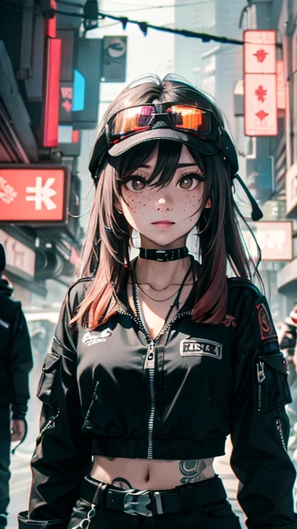 ((Best Quality)), ((Masterpiece)), perfect eyes:1.2, holding a machine gun, detailed eyes:1.4, ((freckles)), woman, hightech visor, high tech, hacker, irezumi, tattoo, messy hair, multicolored hair, black hair, black jacket, gradient hair, leather clothes, (High Definition:1.3), 3D, Beautiful (Cyberpunk:1.3), militar, black clothes looking at camera, hacker woman, sticking out, , seduction,