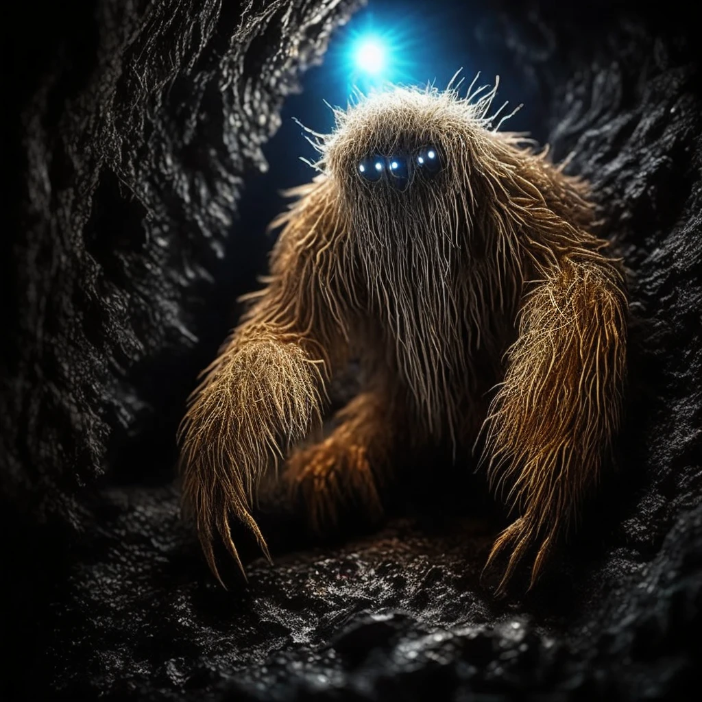 Spider monster, Glowing crystals on the back, horror, scary, horror, hairy paws, Dark, In a cave.