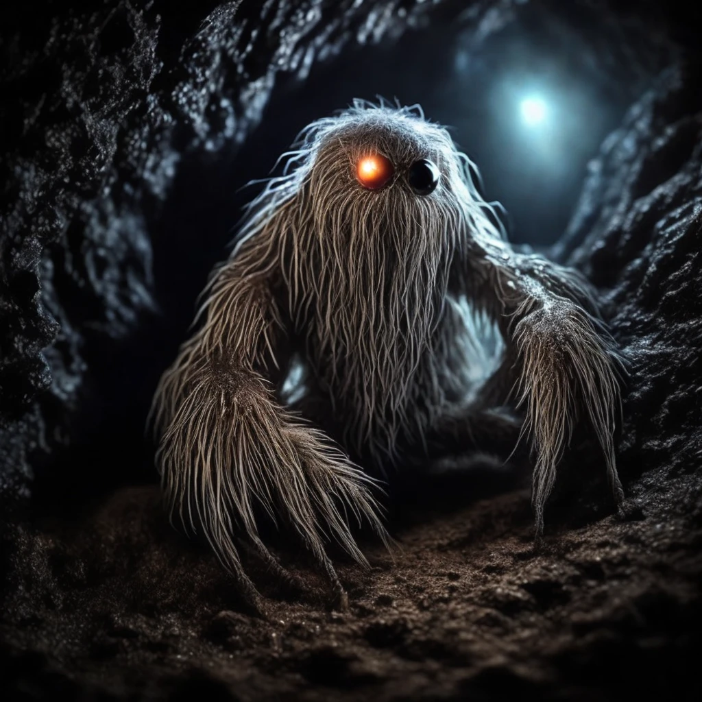 Spider monster, Glowing crystals on the back, horror, scary, horror, hairy paws, Dark, In a cave.